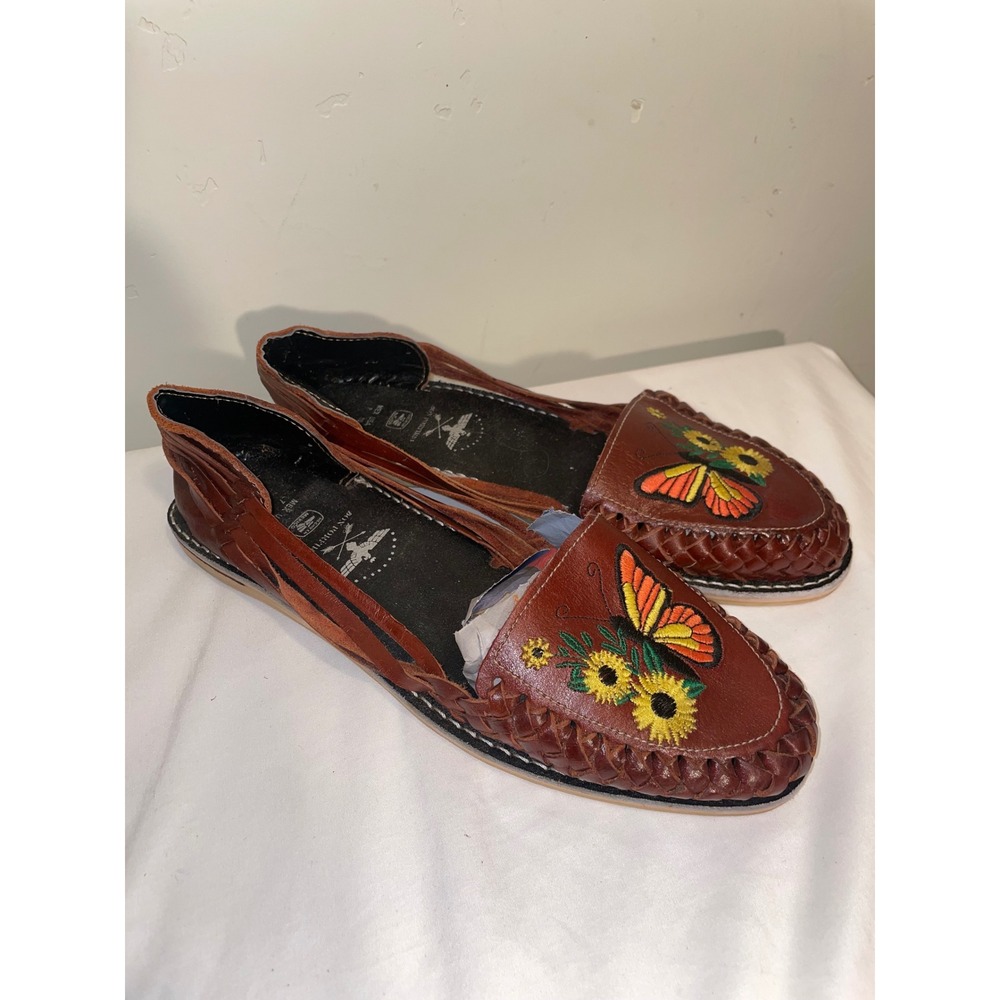 Don Porfirio Brown Leather Butterfly Sunflower Embroidered Huarache Sandals 10